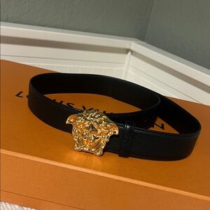 Versace Black Belt with Gold Medusa Buckle